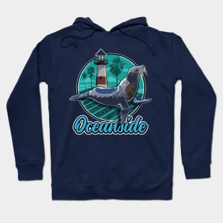 California Sea Lion at Oceanside with Palm trees and Lighthouse Hoodie